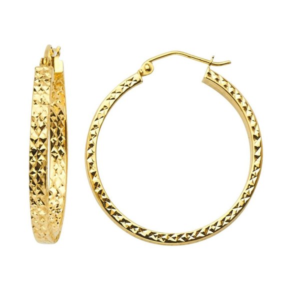 14K Yellow Gold diamond cut Hollow Square Tube Hoop Earrings - Picture 1 of 1